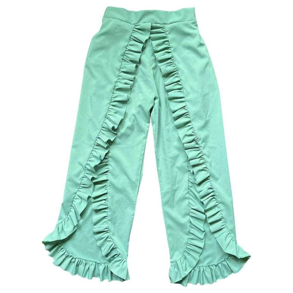 Double Slit Hem Ruffle Trim Wide Leg Pants Sz Small Green Sage Mint Open Tulip S